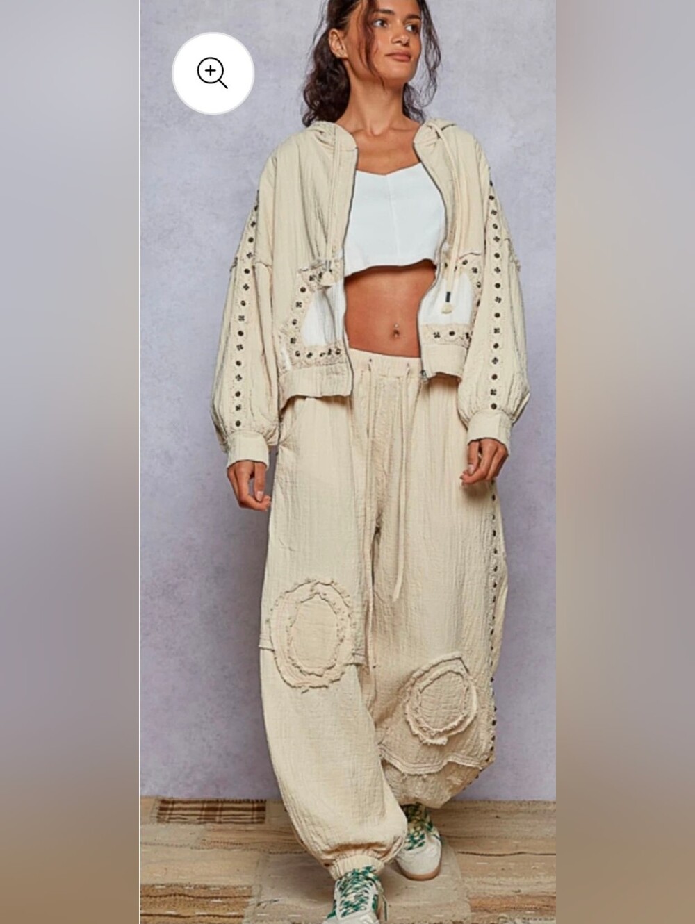 NEW!! 2 PC Set POL Studded Cream Boho Textured Two-Piece Set, Sz Large, NWT